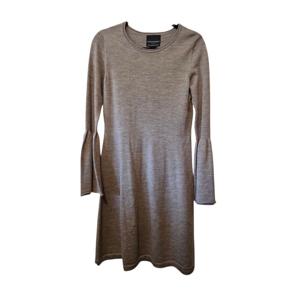 Cynthia Rowley Merino Wool Bell Sleeve Dress Womens MED Beige‎ Tan Minimalist